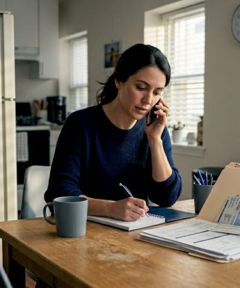Mother booking autism specialist at kitchen table