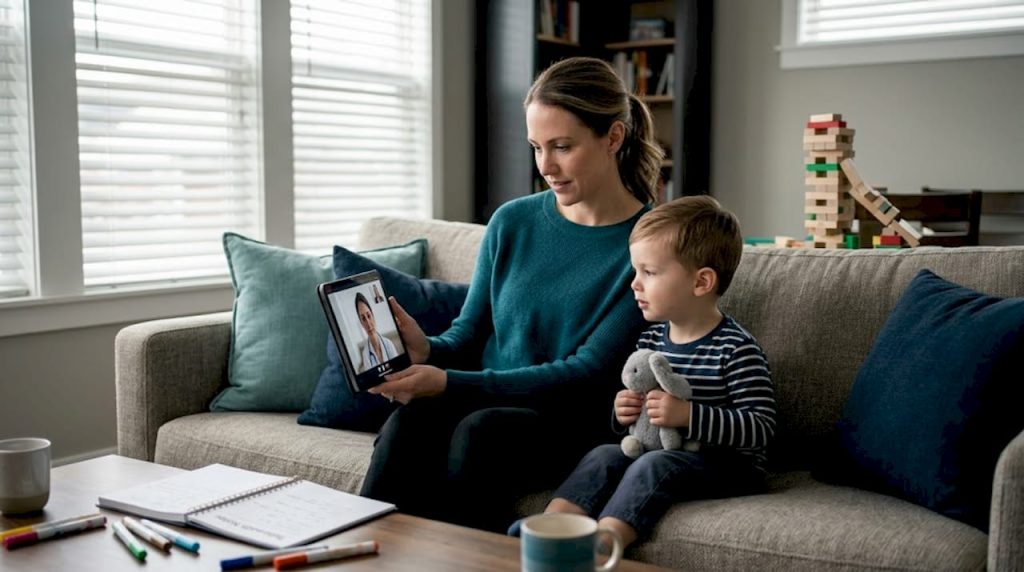 Mother and child in telehealth autism session