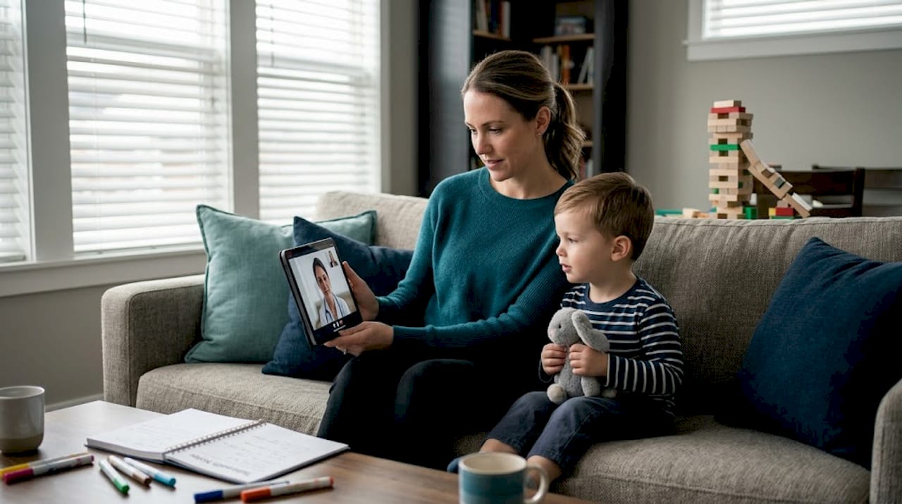 Mother and child in telehealth autism session