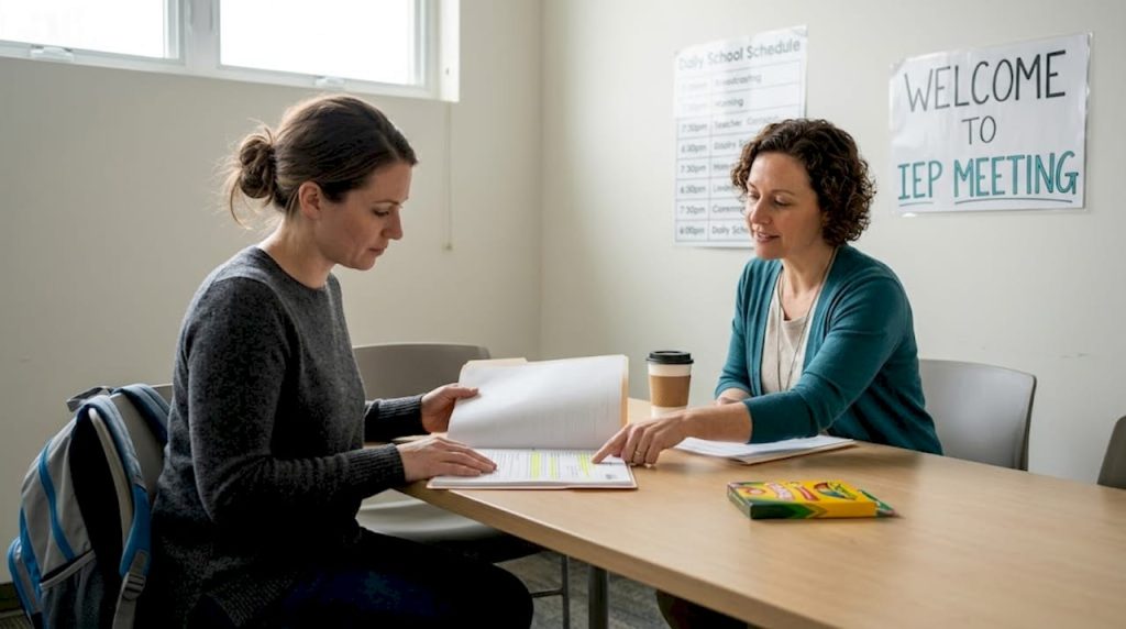 Parent and teacher review IEP documents in school room