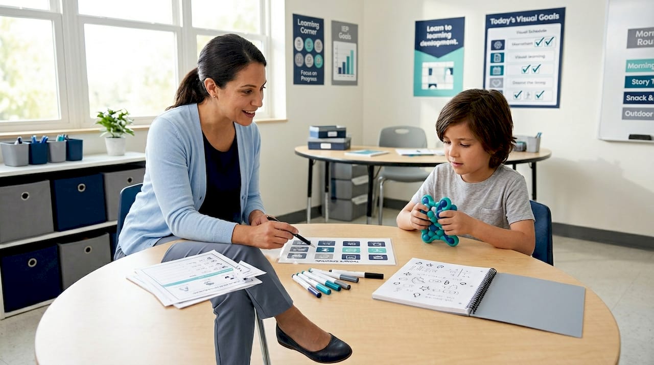 Teacher and student use autism learning strategies