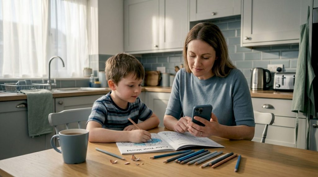Mother helps autistic son at kitchen table