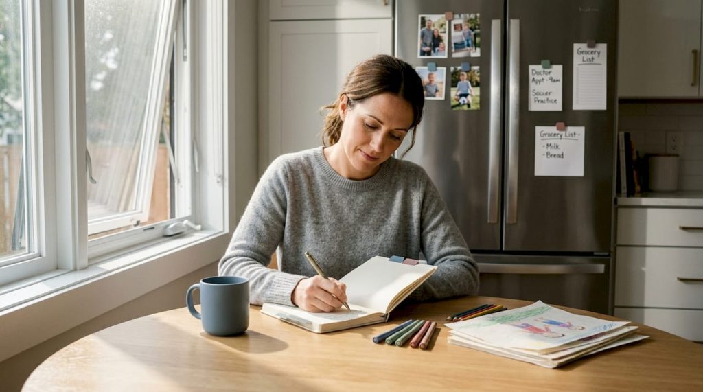 Mother updating autism therapy journal at kitchen table