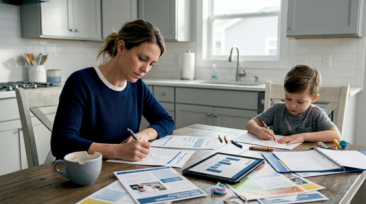 Mother completing ABA therapy checklist at kitchen table