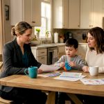 Case manager meeting a family at home kitchen table