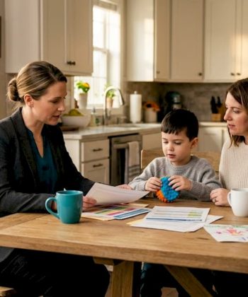 Case manager meeting a family at home kitchen table