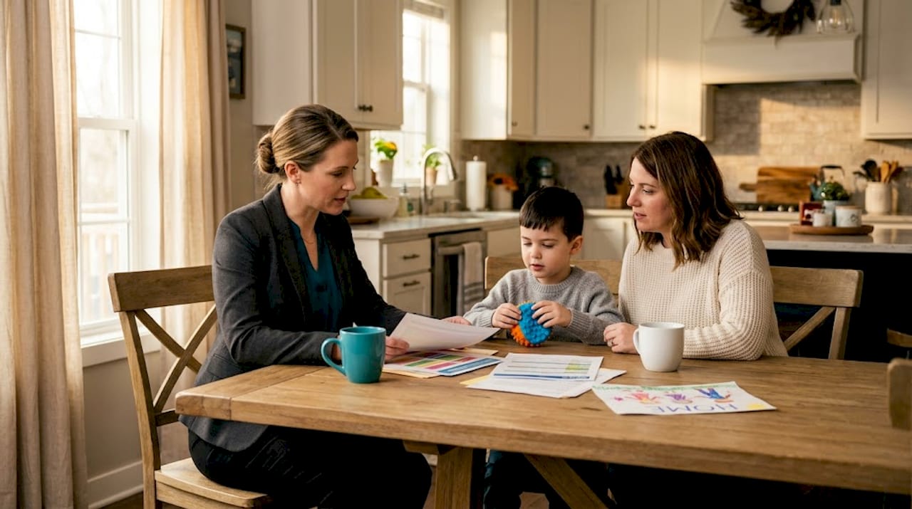 Case manager meeting a family at home kitchen table