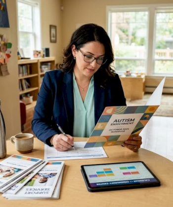 Coordinator reviewing autism program materials