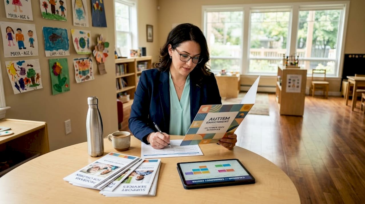 Coordinator reviewing autism program materials