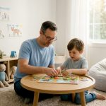Father and son working on puzzle in living room