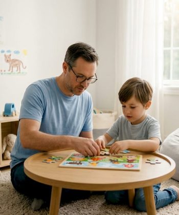 Father and son working on puzzle in living room