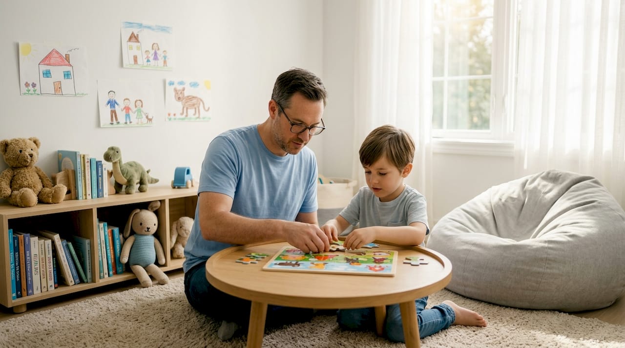 Father and son working on puzzle in living room
