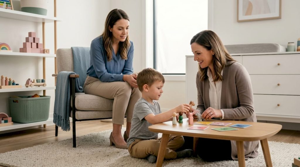 Parent observing child's autism assessment session