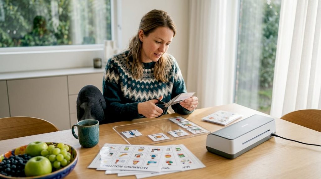 Mother preparing visual autism support cards at home