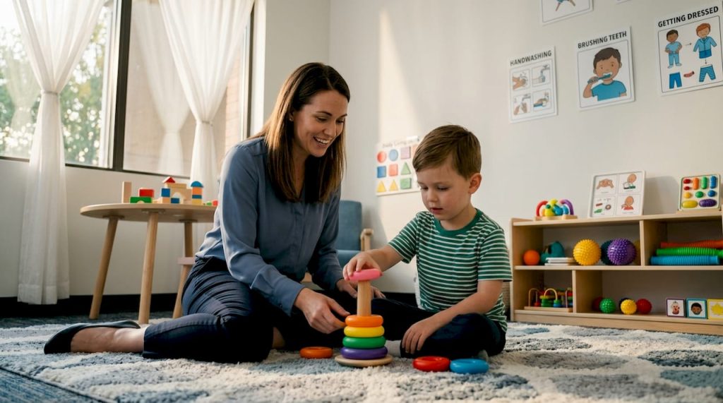 Occupational therapist helping child in therapy room
