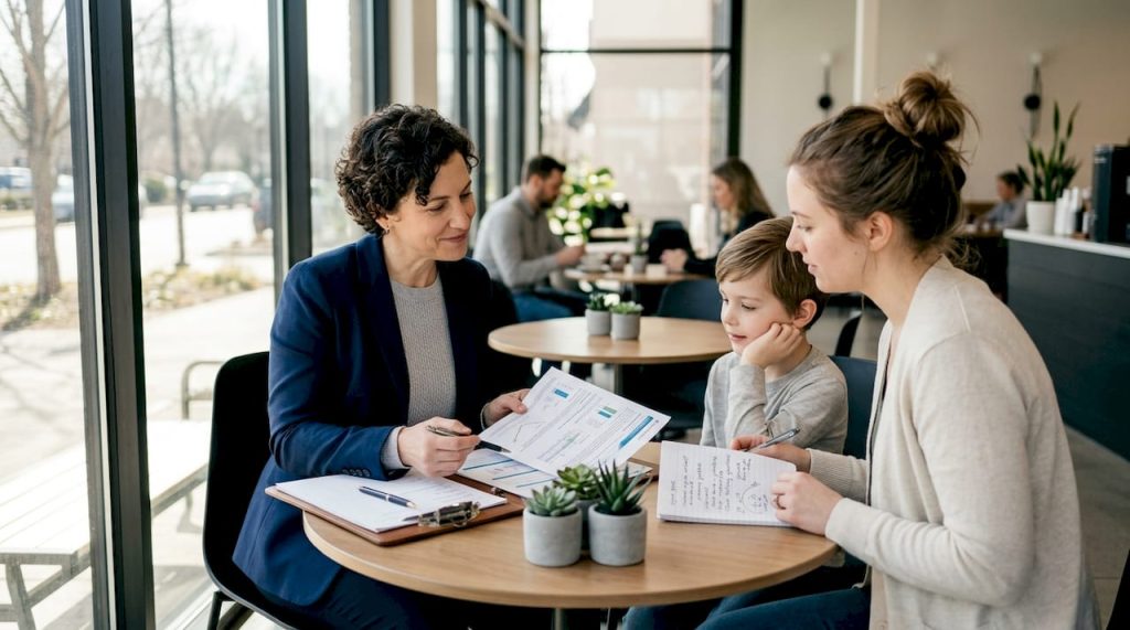 Genetic counselor consulting family in living room