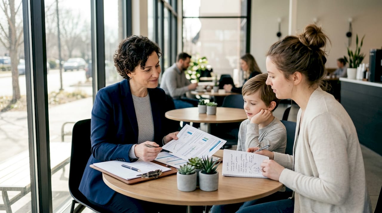 Genetic counselor consulting family in living room
