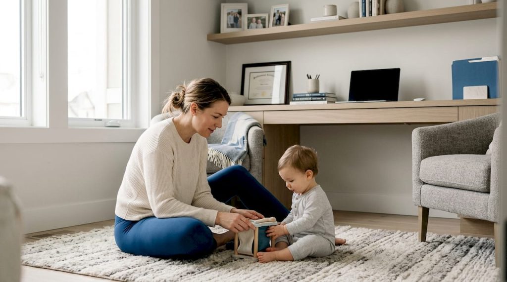 Mother playing with child in living room