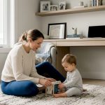 Mother playing with child in living room