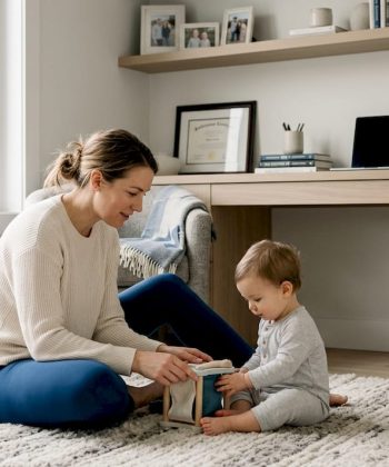 Mother playing with child in living room