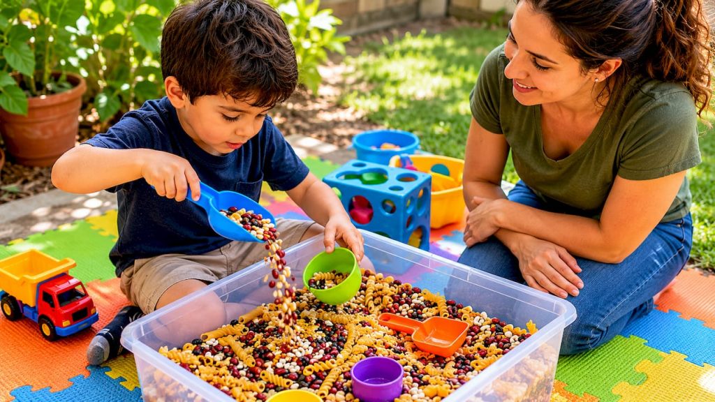 Child engaging with tactile sensory bin materials
