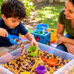 Child engaging with tactile sensory bin materials