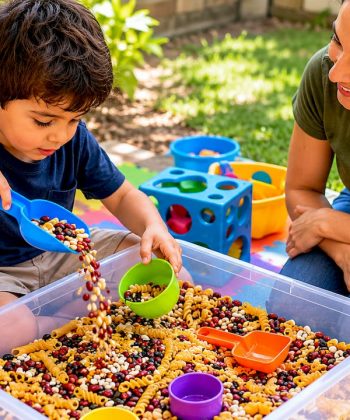 Child engaging with tactile sensory bin materials