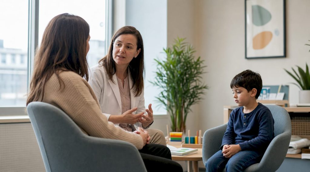 Pediatrician consulting mother about autism care