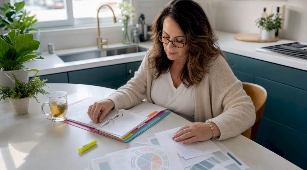 Caregiver organizing autism documents in home kitchen
