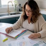 Caregiver organizing autism documents in home kitchen