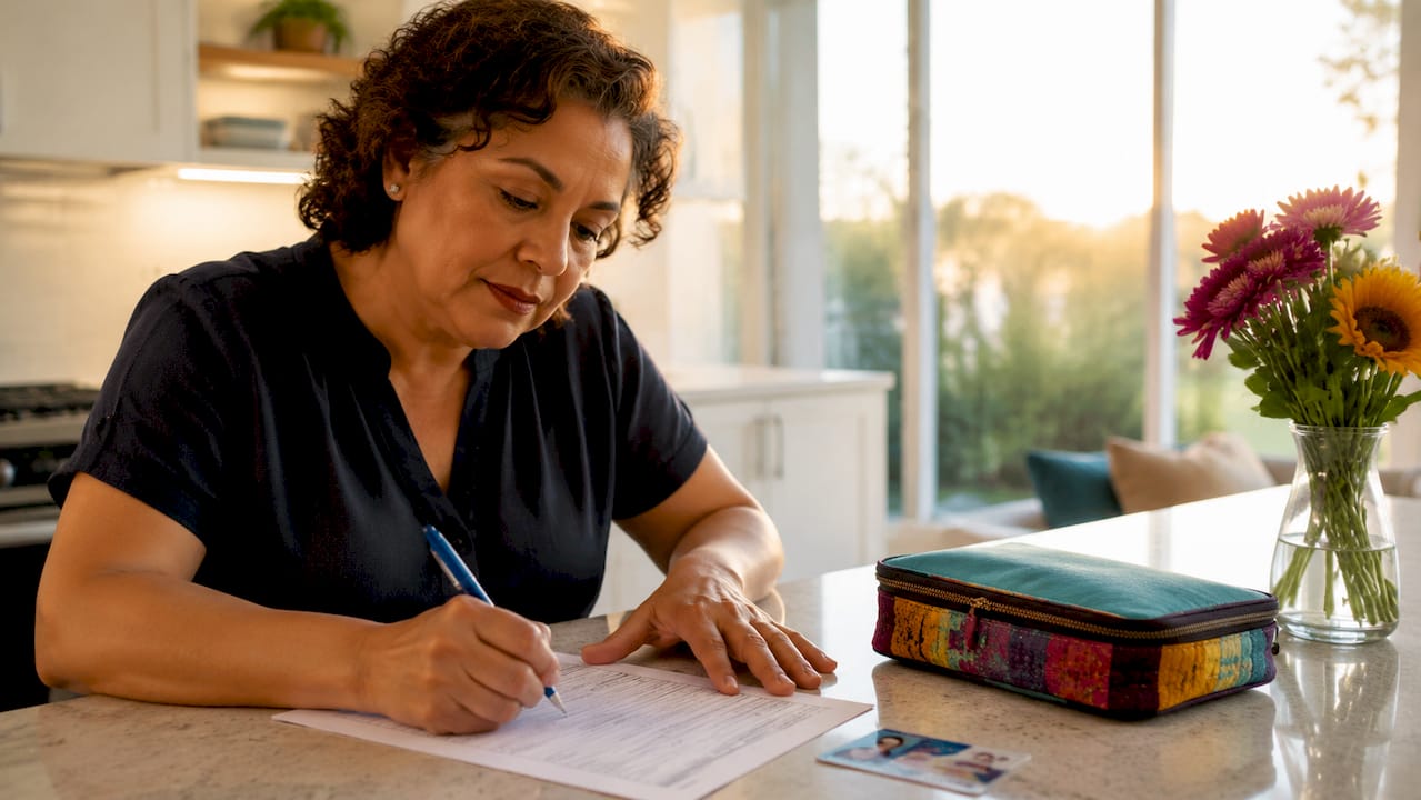 Caregiver filling autism emergency contact form at kitchen table
