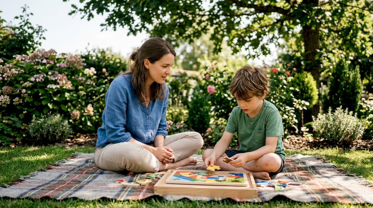 Therapist assessing child with puzzle