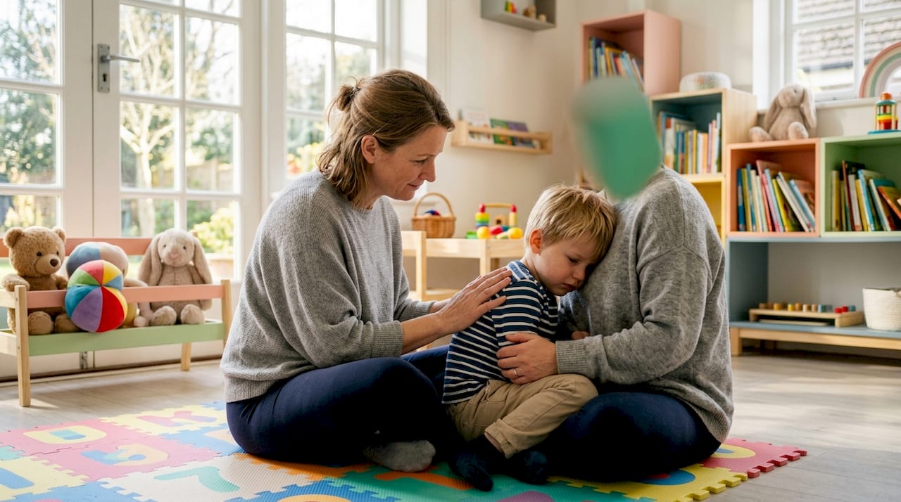 Caregiver gently supporting child during meltdown