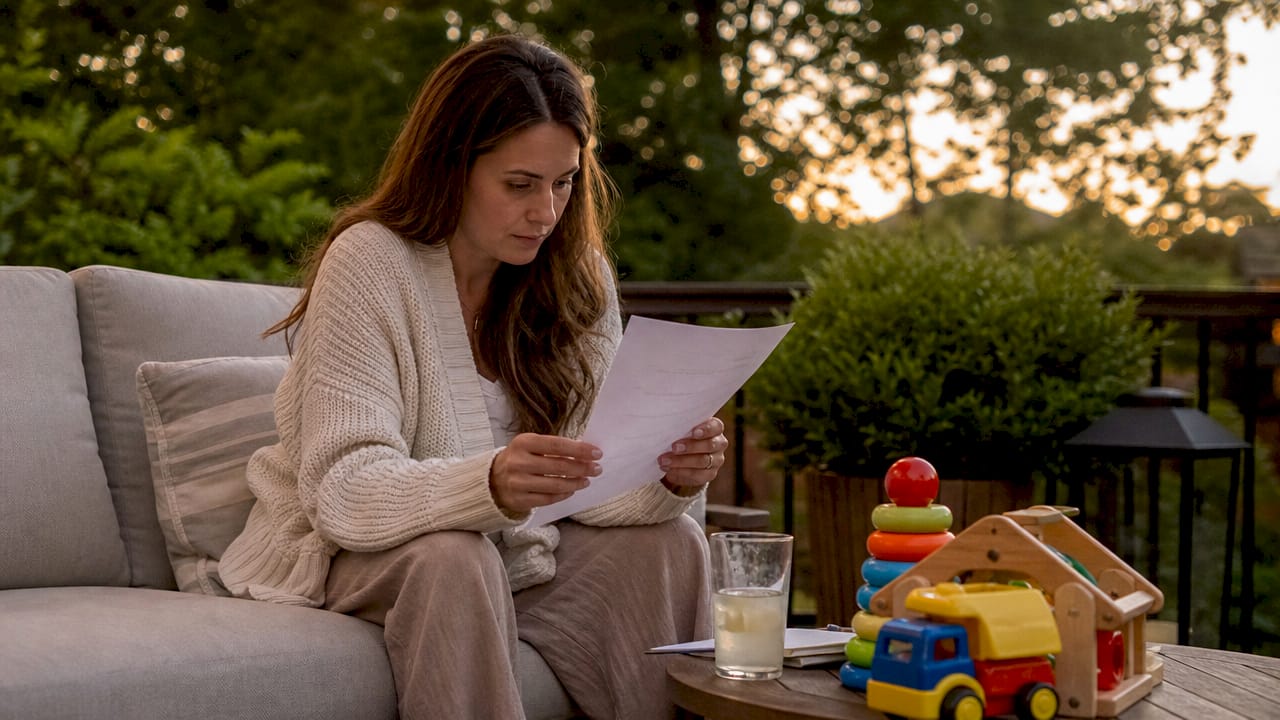 Mother reviewing child care checklist at table