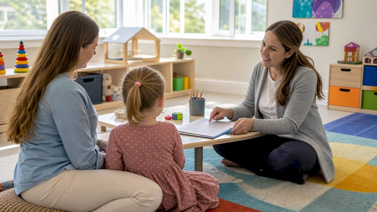 Clinician discussing autism diagnosis with mother and child