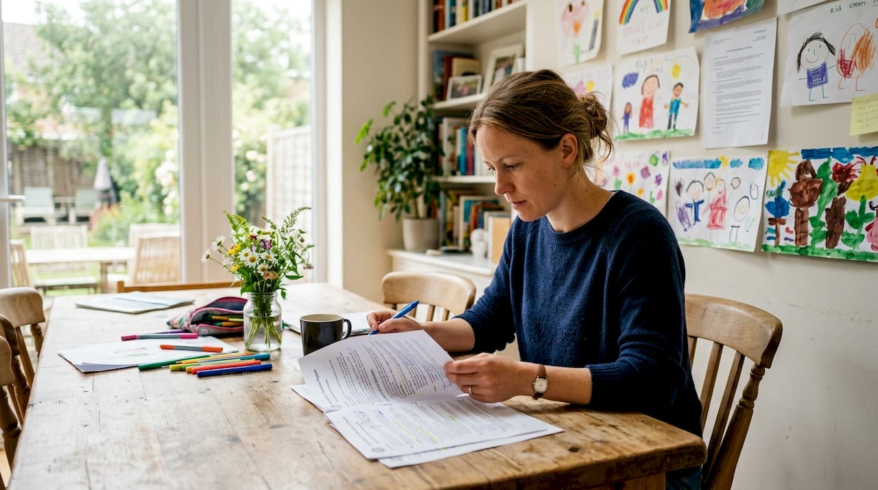 Mother reviewing special education IEP document at home