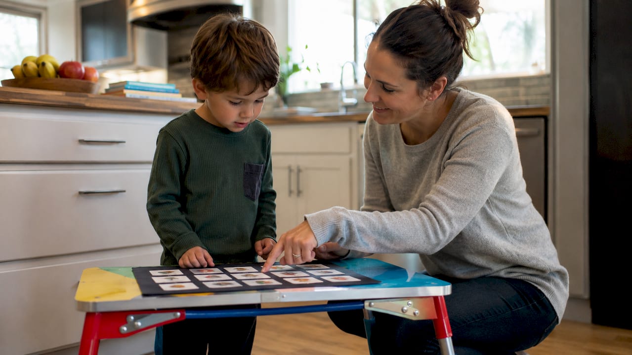 Caregiver guiding child with autism routine at home
