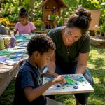 Teacher engaging autistic children in classroom