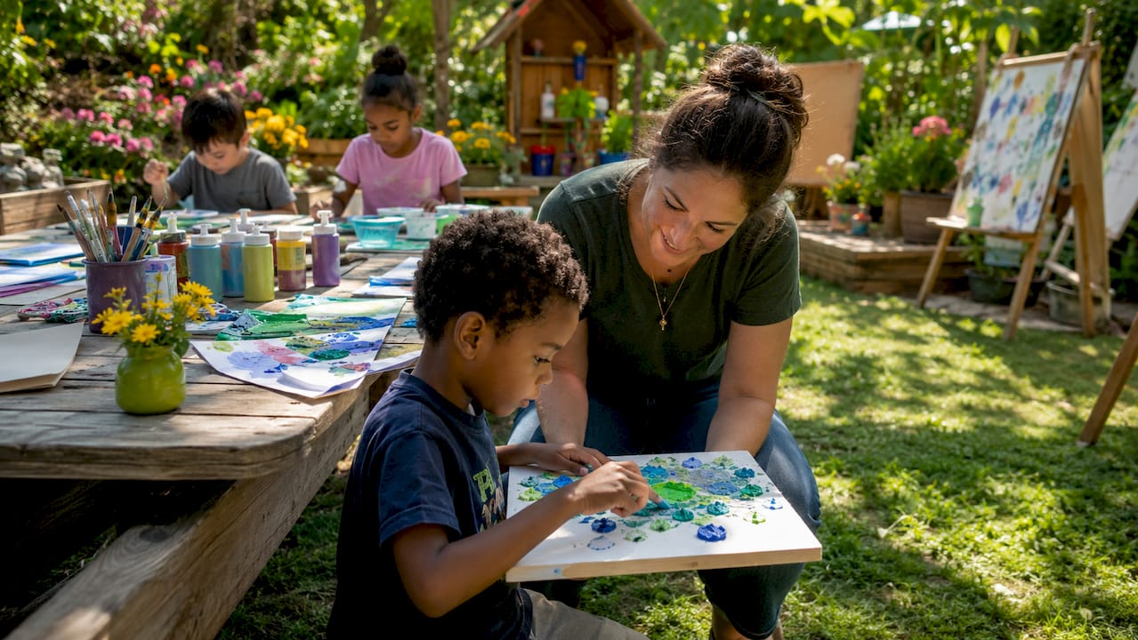 Teacher engaging autistic children in classroom