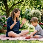 Mother teaching son social cues at home