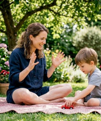 Mother teaching son social cues at home
