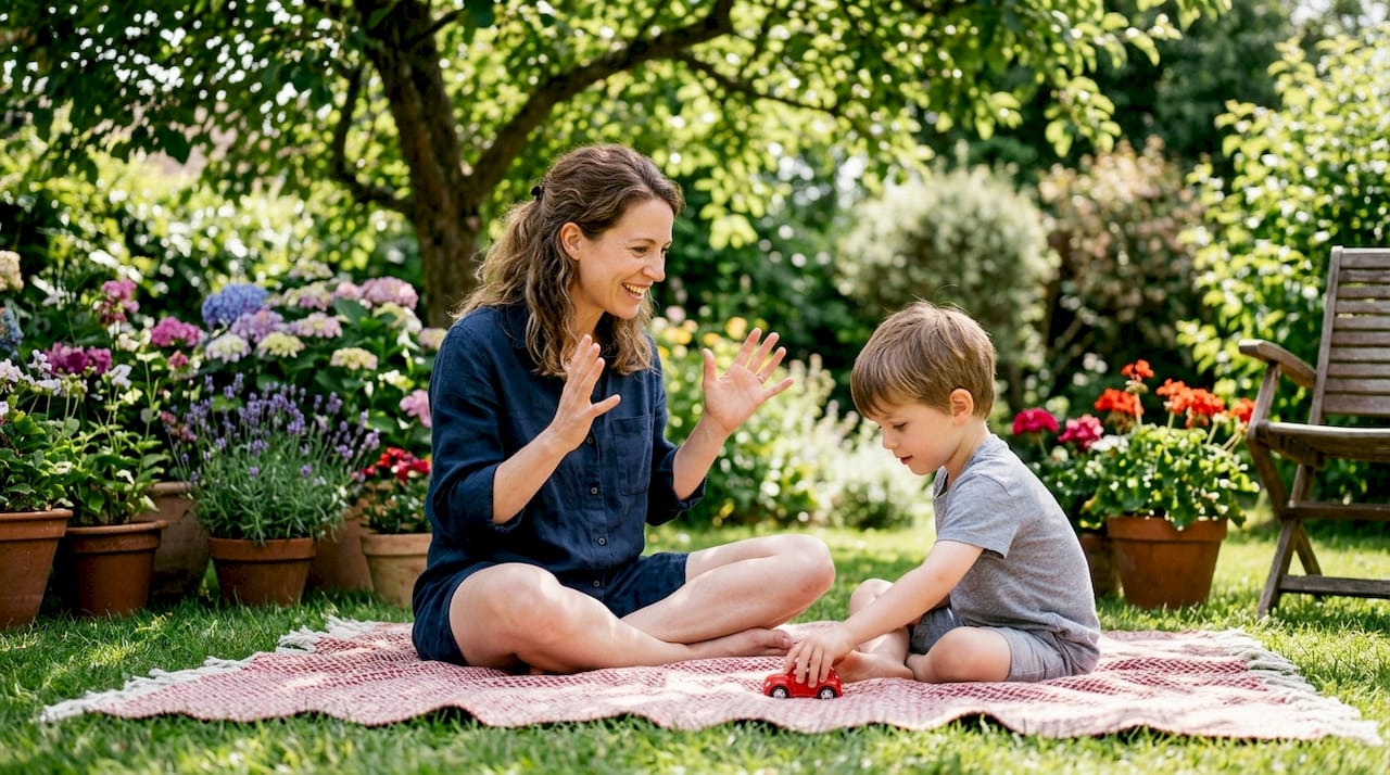 Mother teaching son social cues at home