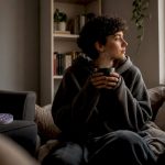 Young adult resting in cozy nook with tea