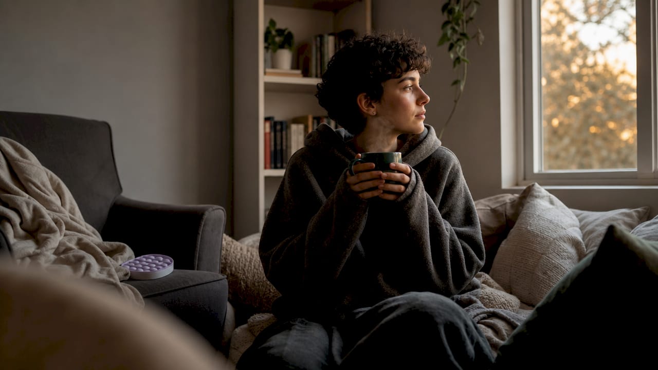 Young adult resting in cozy nook with tea
