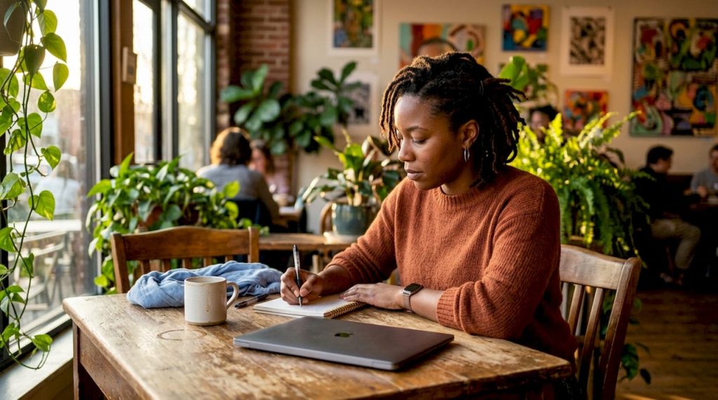 Woman preparing autism disclosure notes at desk