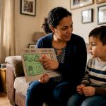 Parent teaching child home safety measures