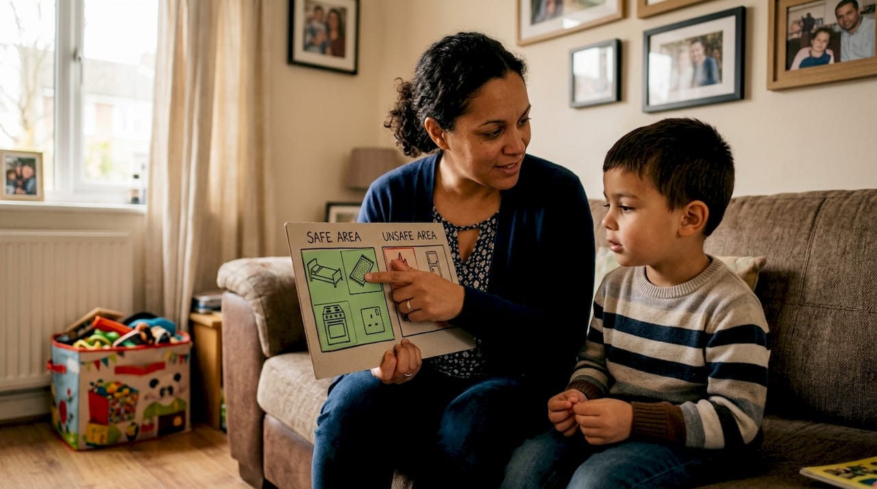 Parent teaching child home safety measures