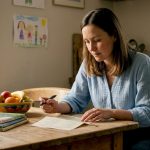 Mother reviewing child milestone checklist at home