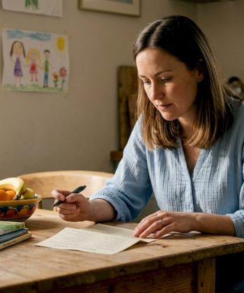 Mother reviewing child milestone checklist at home
