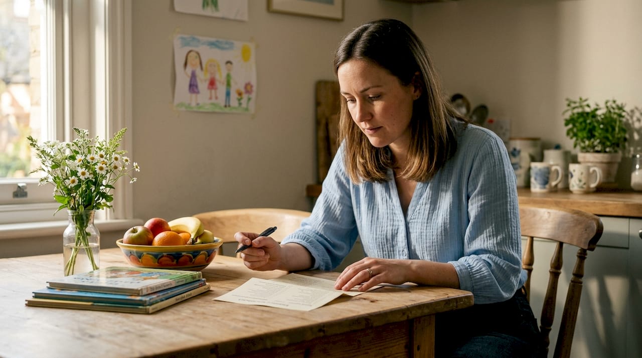 Mother reviewing child milestone checklist at home